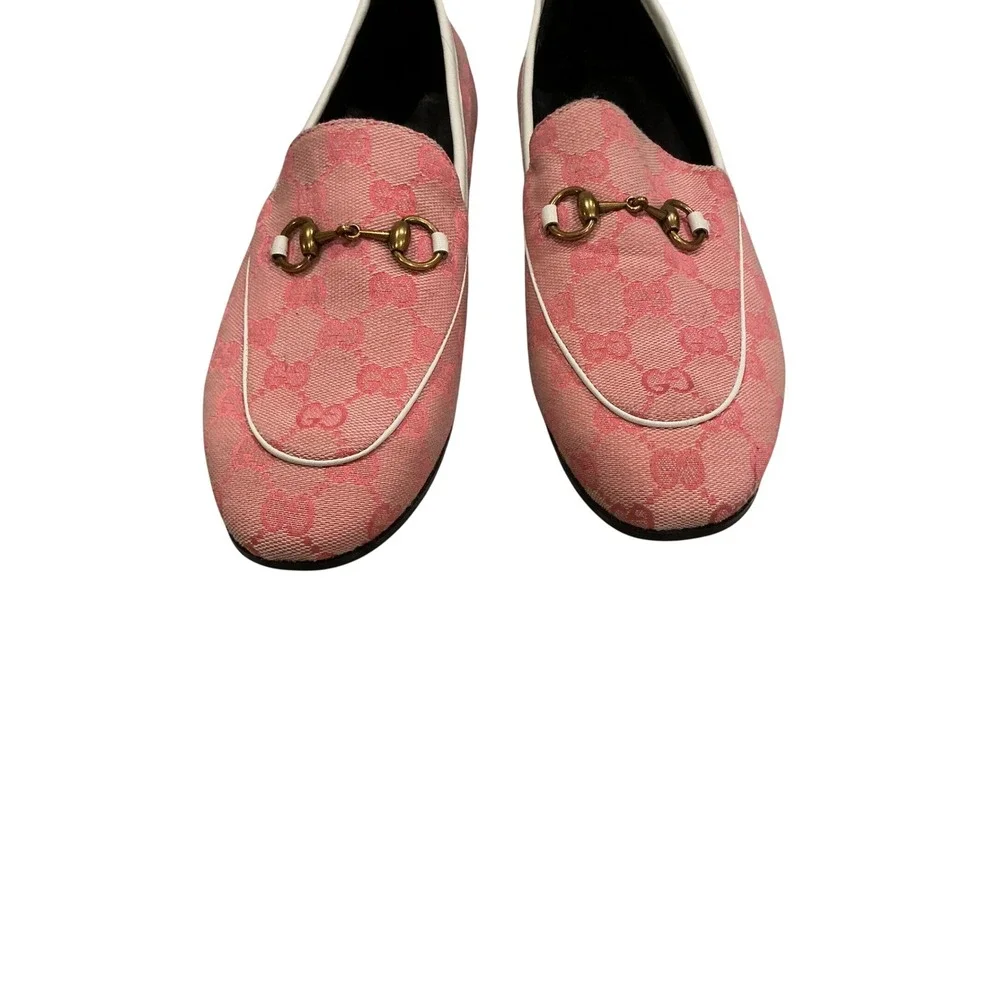 Gucci Jordaan Loafers Pink GG Monogram Canvas Horsebit Shoes IT 41 Mens 8 US